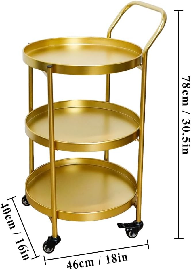 3 Tier Gold Rolling Bar Cart Metal Serving Trolley with Wheels Lockable