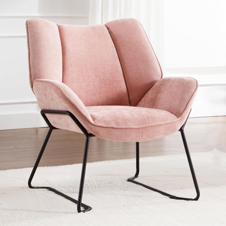 Pink Chenille Armchair Modern Tub Chair Upholstered Metal Legs
