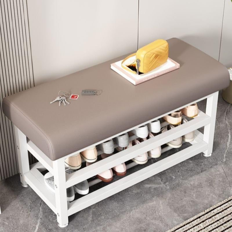 White Metal Shoe Storage Bench with Cushion – 120cm Modern Hallway Seat