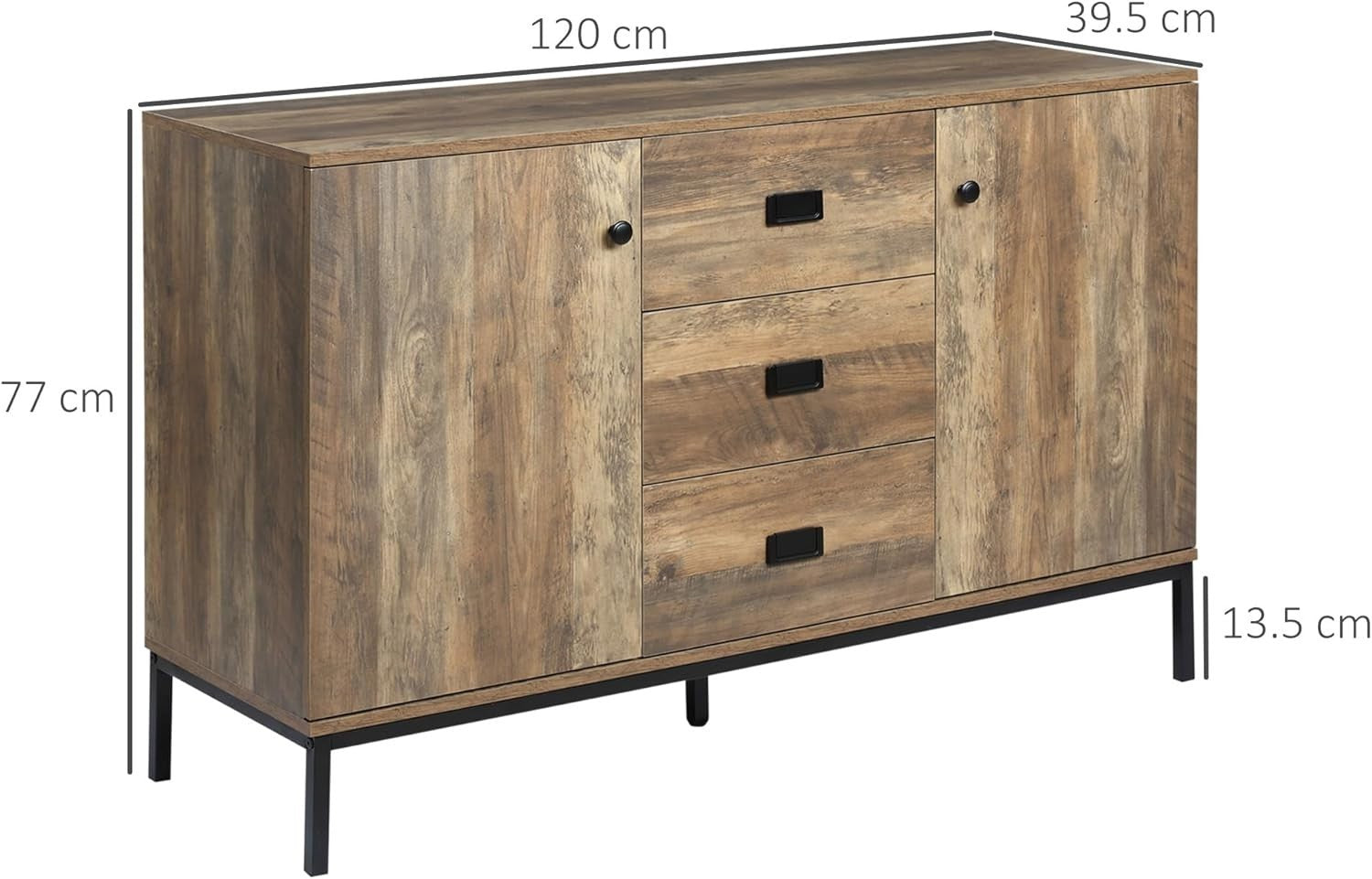 Industrial Sideboard Rustic Brown 3 Drawer 2 Door Cabinet Storage Unit