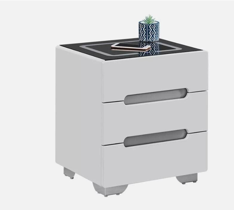 Modern LED Bedside Table with Wireless Charging, 3 Drawers, MDF, 50cm
