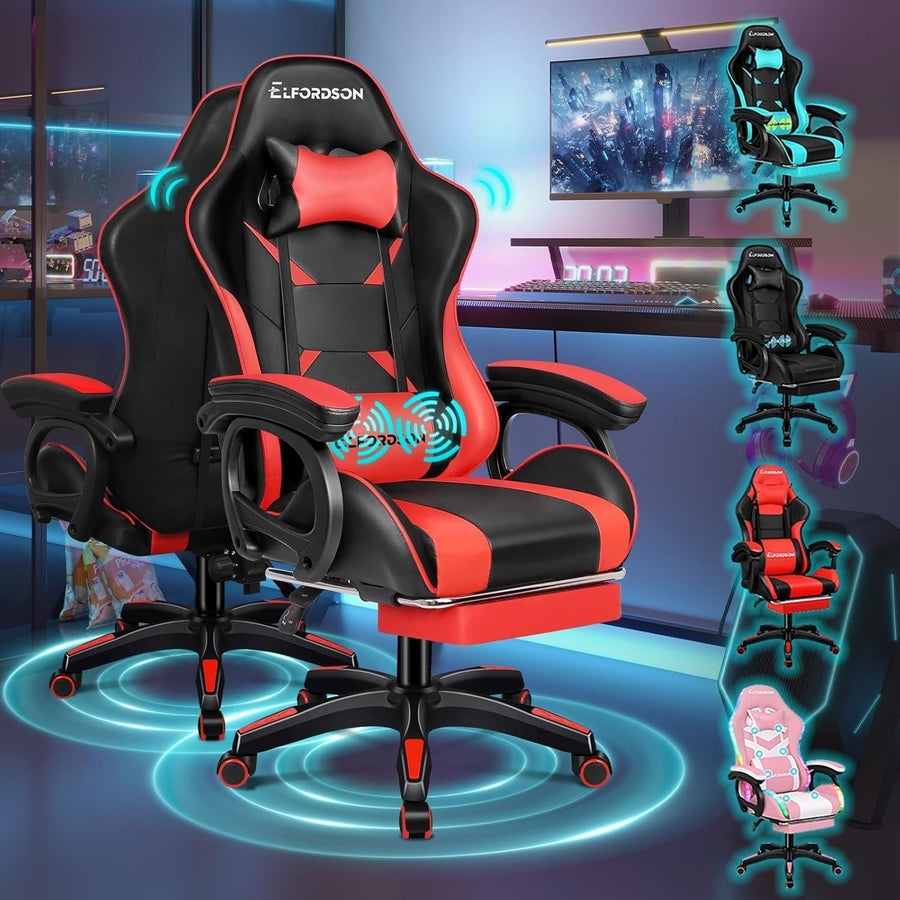 Red PU Leather Gaming Chair Office Desk Recliner Massage Lumbar Support Wood Fra