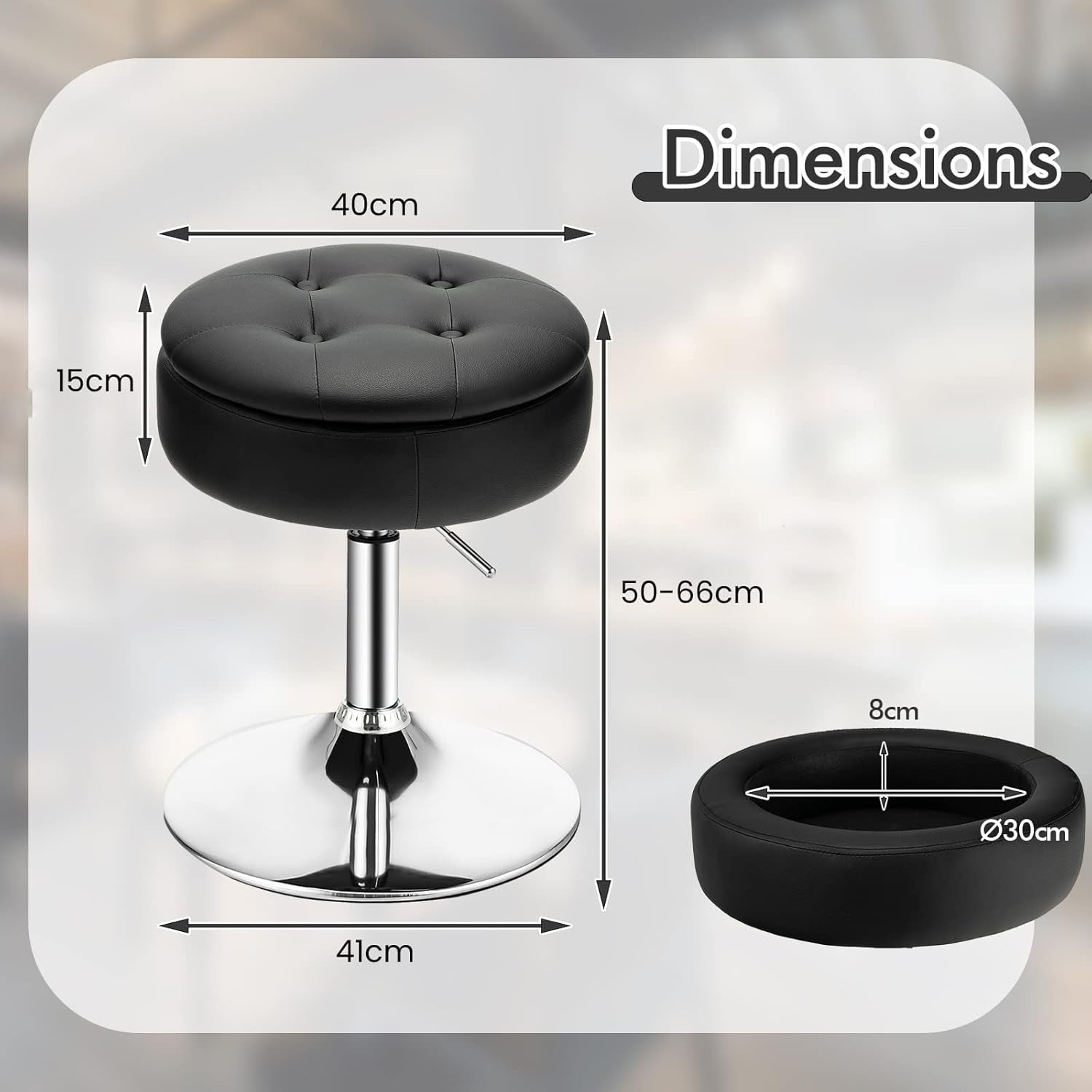 Black PU Leather Swivel Vanity Stool Adjustable w/ Storage & Tray Lid Round Seat