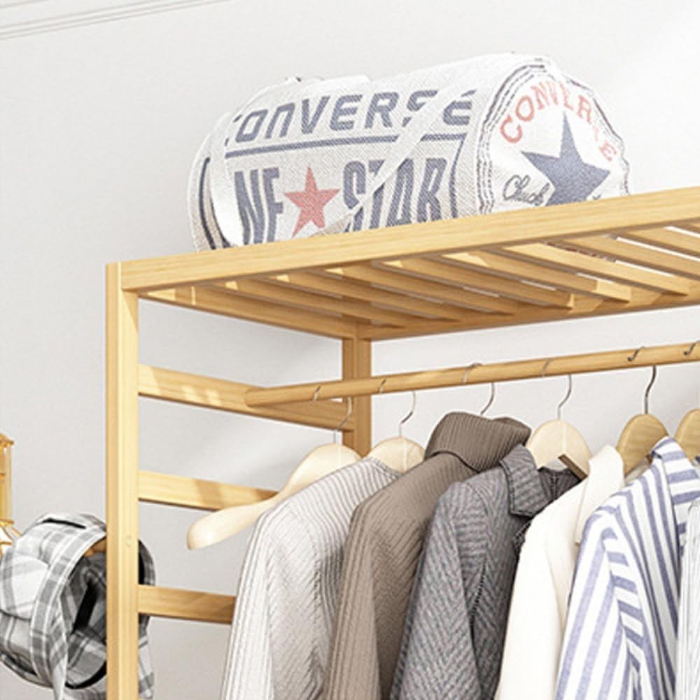 Bamboo Clothes Rack Portable Garment Rail with Wheels & Shoe Storage for Bedroom