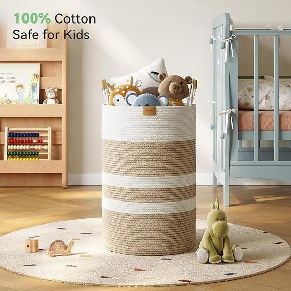 75L Foldable Woven Laundry Basket with Leather Handles Large Striped Hamper