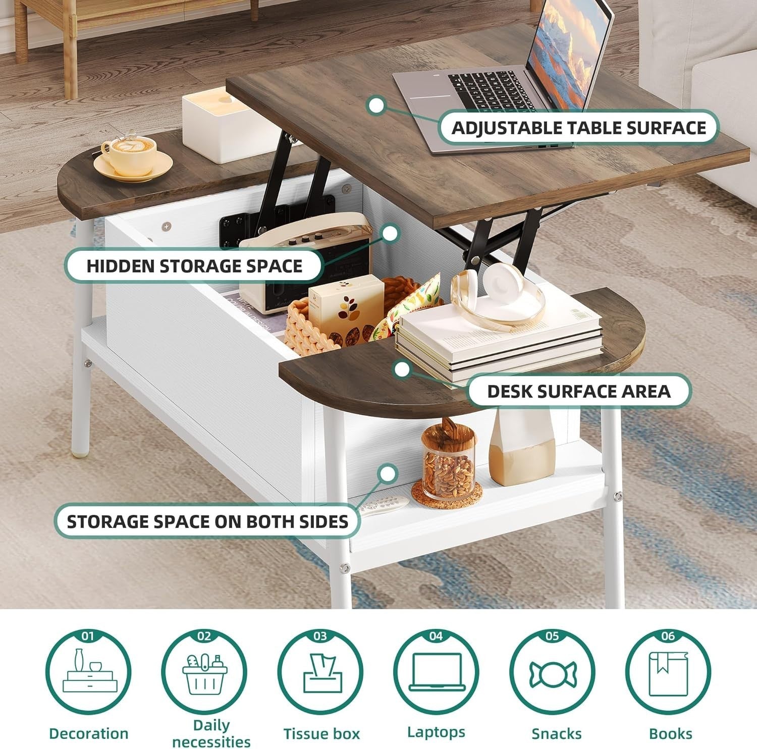 Lift Top Coffee Table Grey Modern Elliptical Table with Storage for Living Room