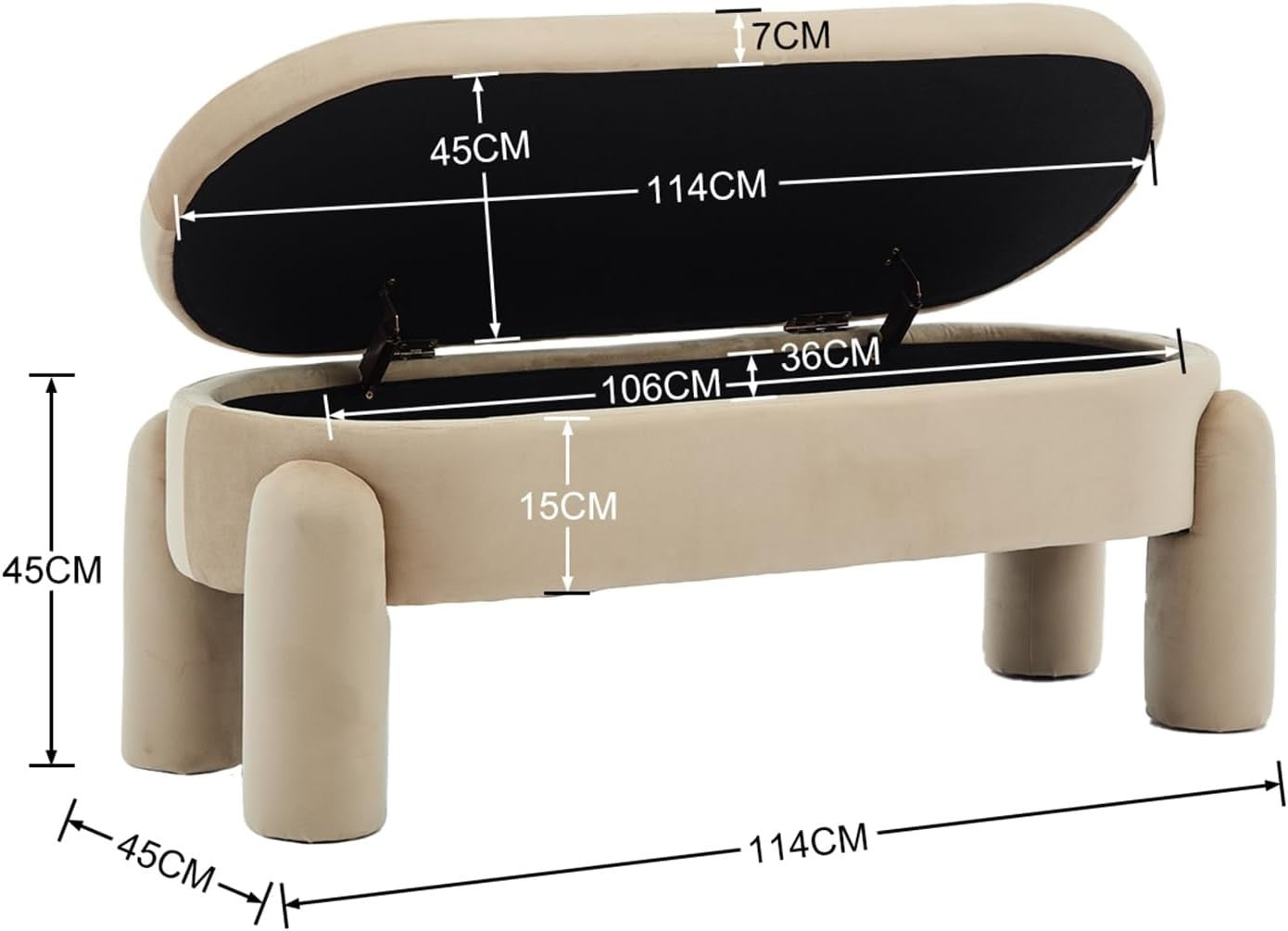 Luxury Khaki Velvet Storage Ottoman Bench with Spacious Seat & Soft Cushion