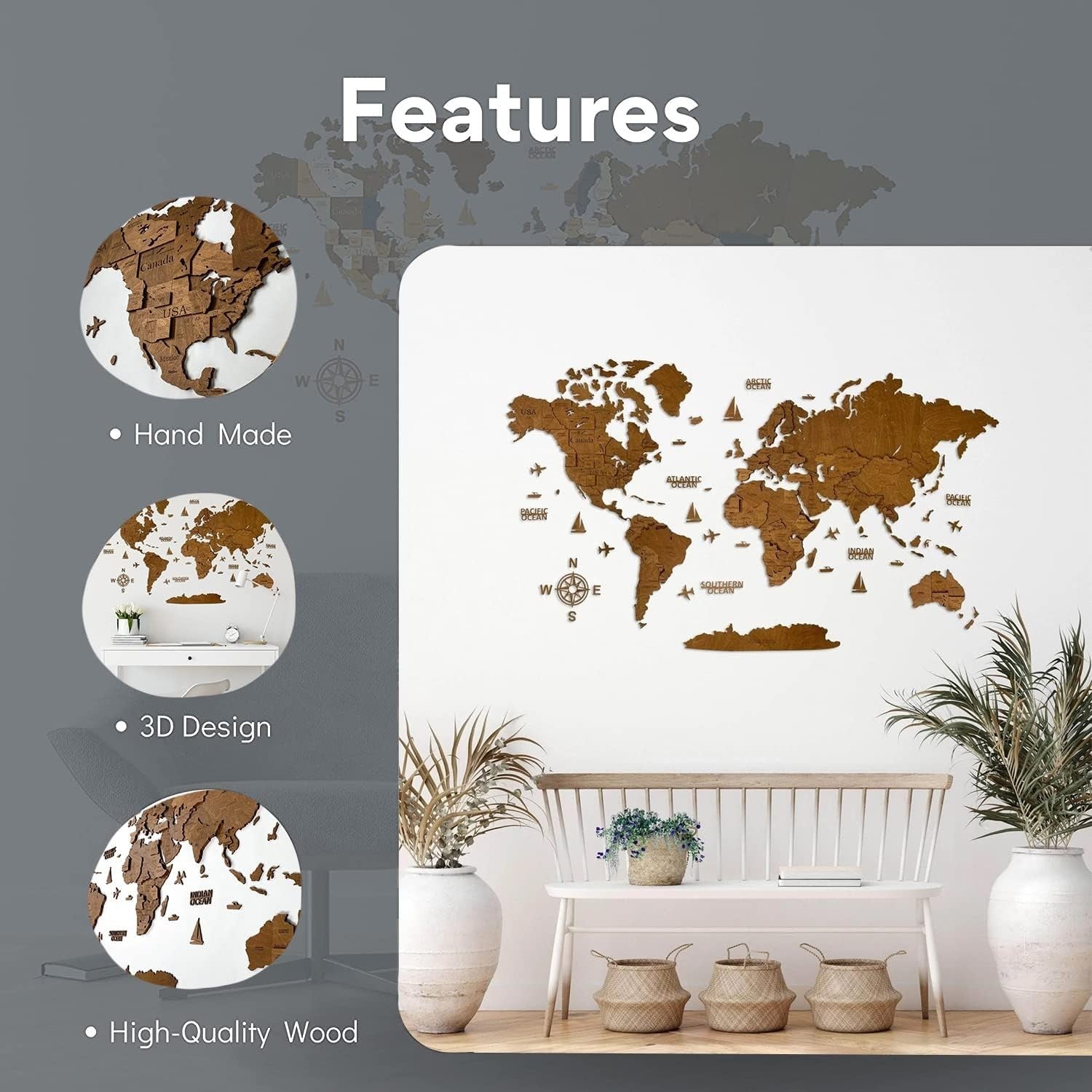 3D Wooden World Map Wall Art Venge Travel Decor 120x62cm