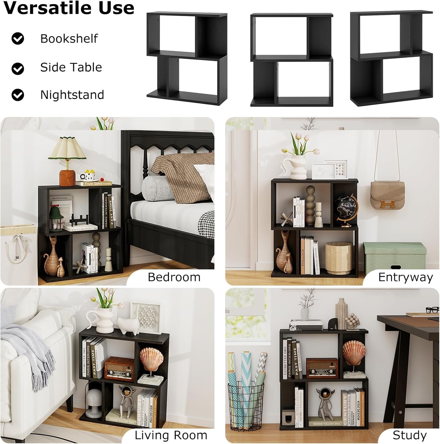 Black S-Shaped 3 Tier Bookcase Small Freestanding Display Shelf 50×18×56cm