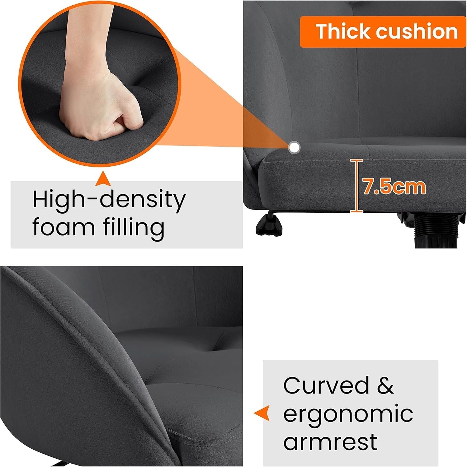 Ergonomic Grey Velvet Office Desk Chair Swivel Adjustable Height Home Armchair