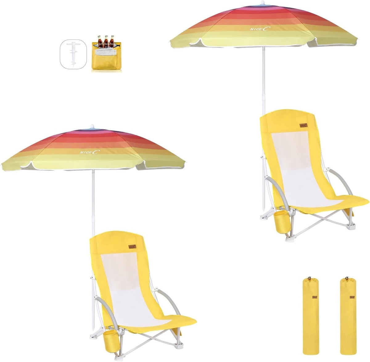 2x Beach Chairs Set w/ UPF 50 Umbrella Cooler Bag Cup Holder Folding Seat