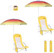 2x Beach Chairs Set w/ UPF 50 Umbrella Cooler Bag Cup Holder Folding Seat
