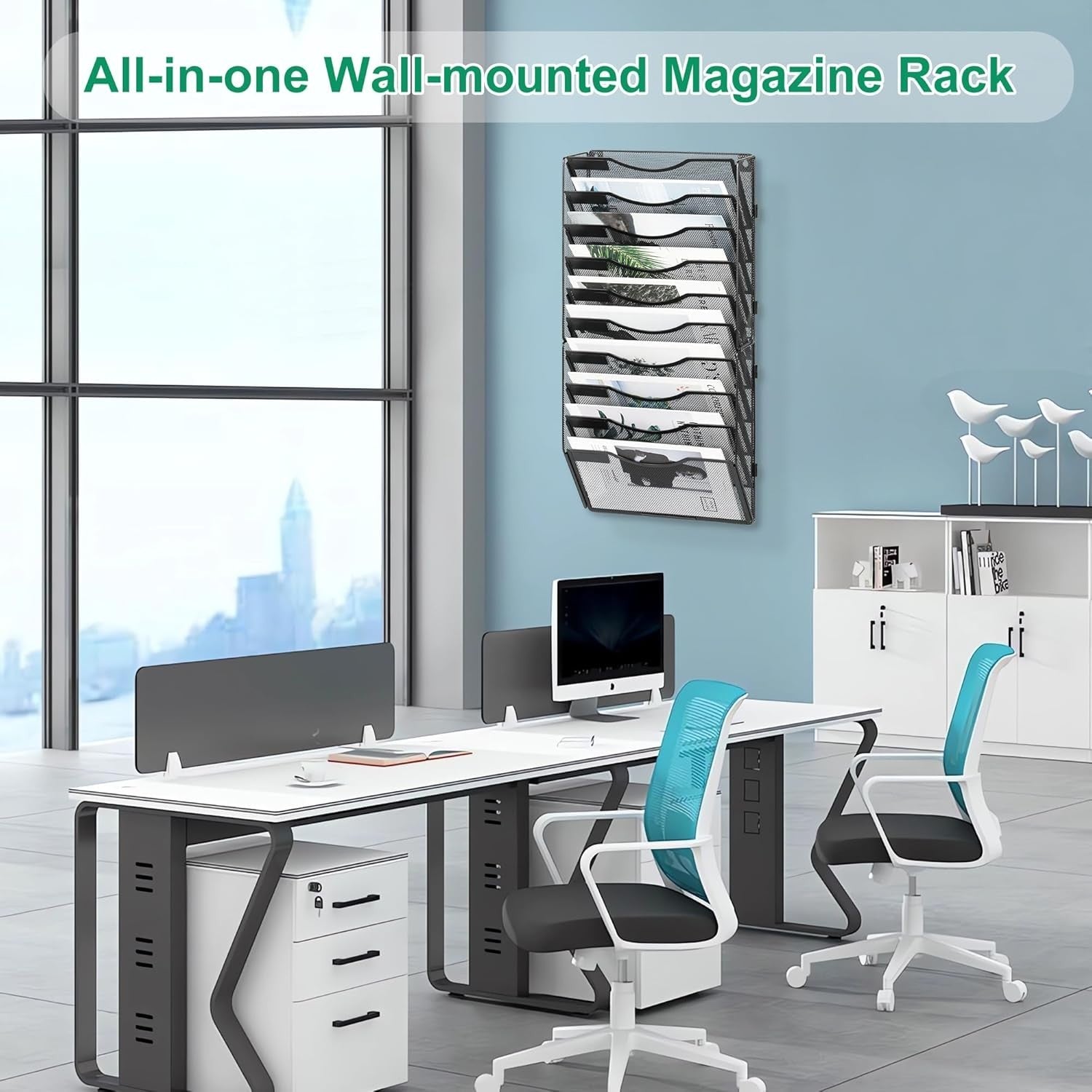 Wall-Mounted 10-Pocket Metal Desk Organizer | Vertical File & Magazine Rack