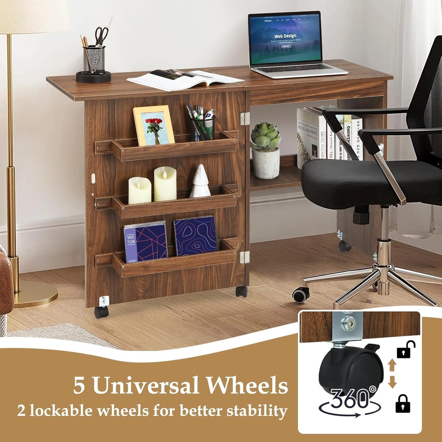 Folding Sewing Table 117cm Mobile Craft Desk with Shelves & Wheels Brown