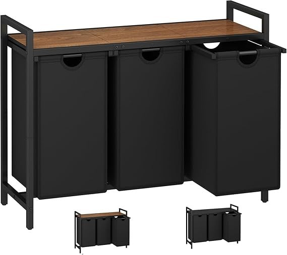 3 Section Laundry Hamper with Removable Bags & Shelf, Black Walnut Organiser
