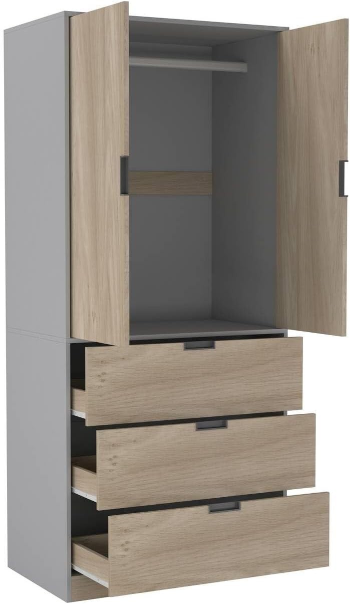 Tall Grey 2 Door Wardrobe with Drawers & Rail for Modern Bedroom Storage