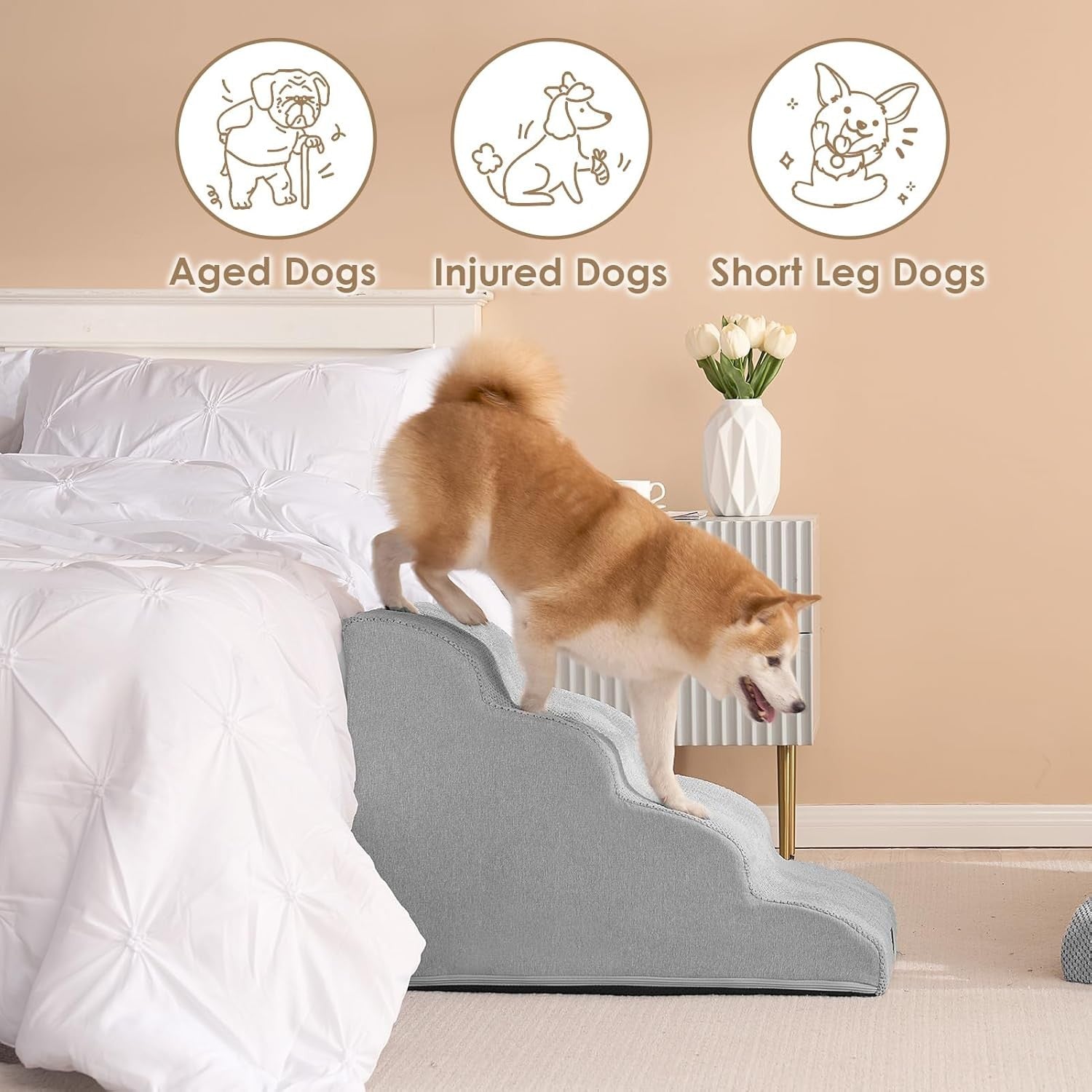 4 Step Dog Stairs for High Bed Non Slip Foam Pet Washable Grey