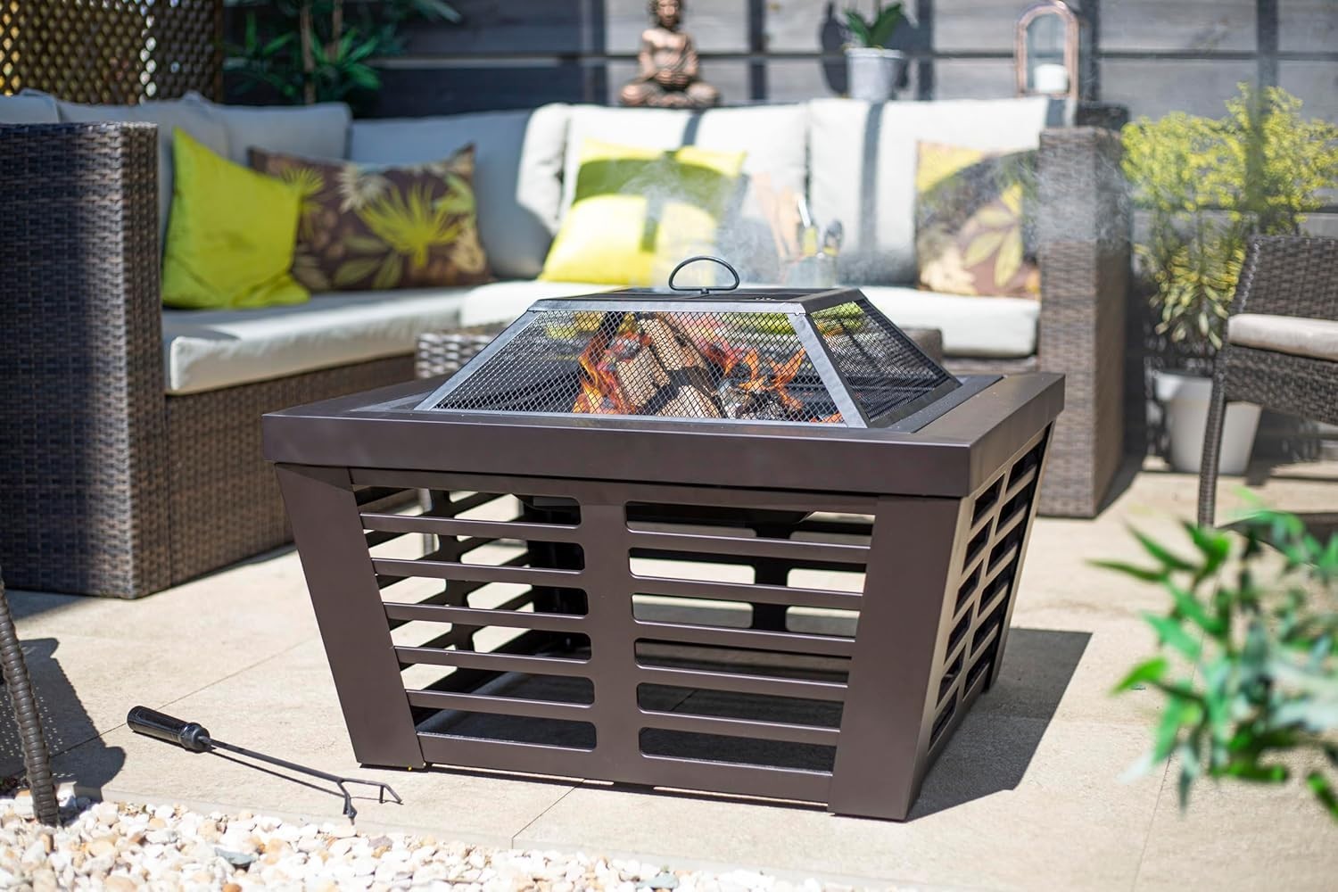 XL Outdoor Fire Pit with BBQ Grill 75cm Patio Heater Garden Wood Burner Square