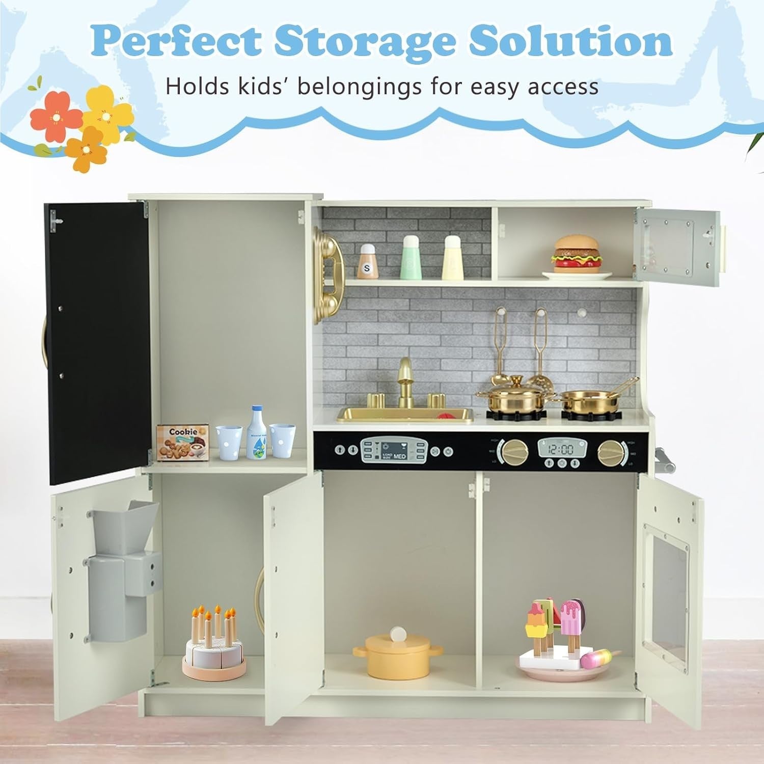 Kids Wooden Play Kitchen Blackboard Ice Maker Microwave Beige Toy