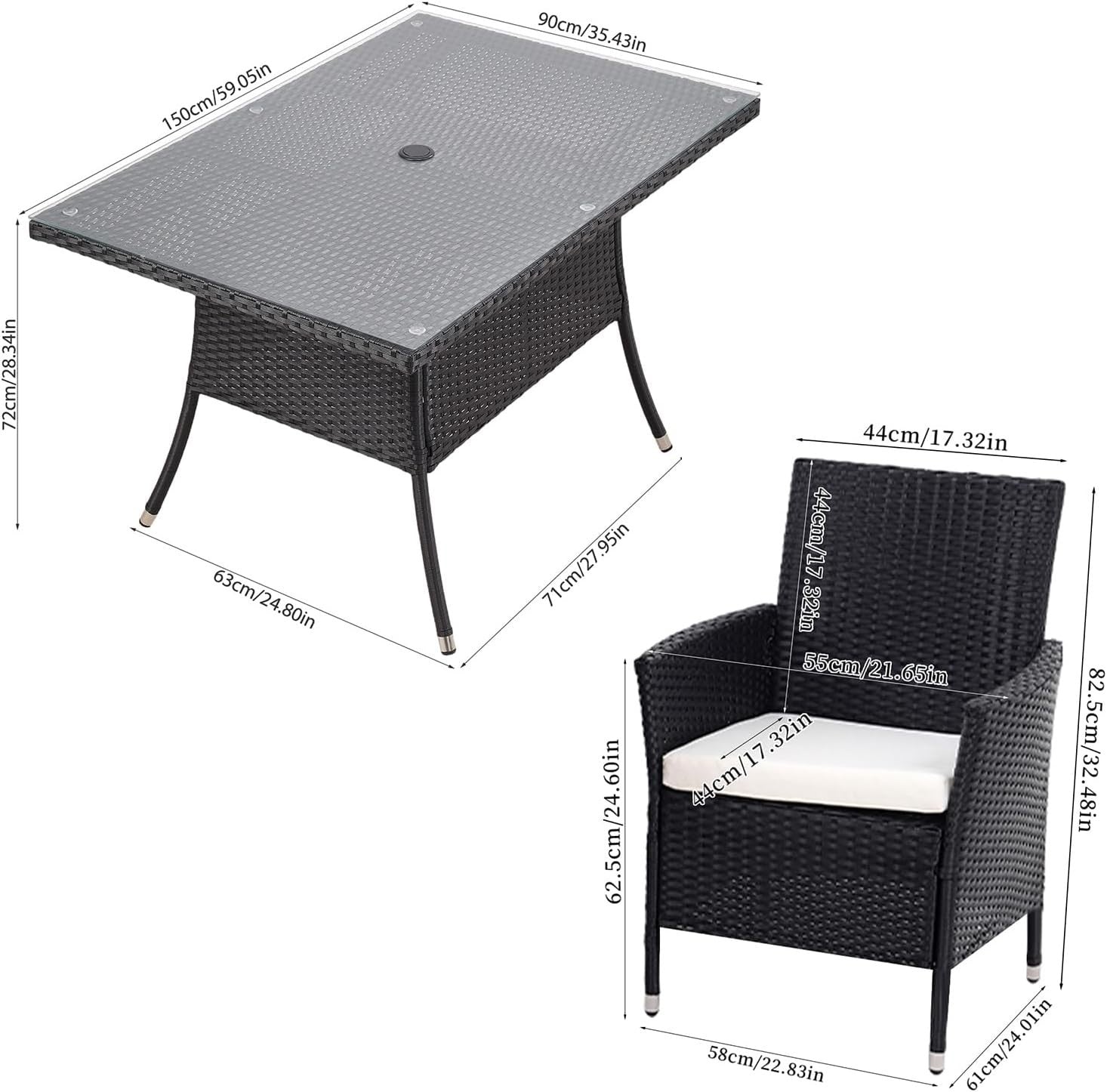 7pc Rattan Garden Dining Set 150x90cm Glass Table + 6 Chairs Patio