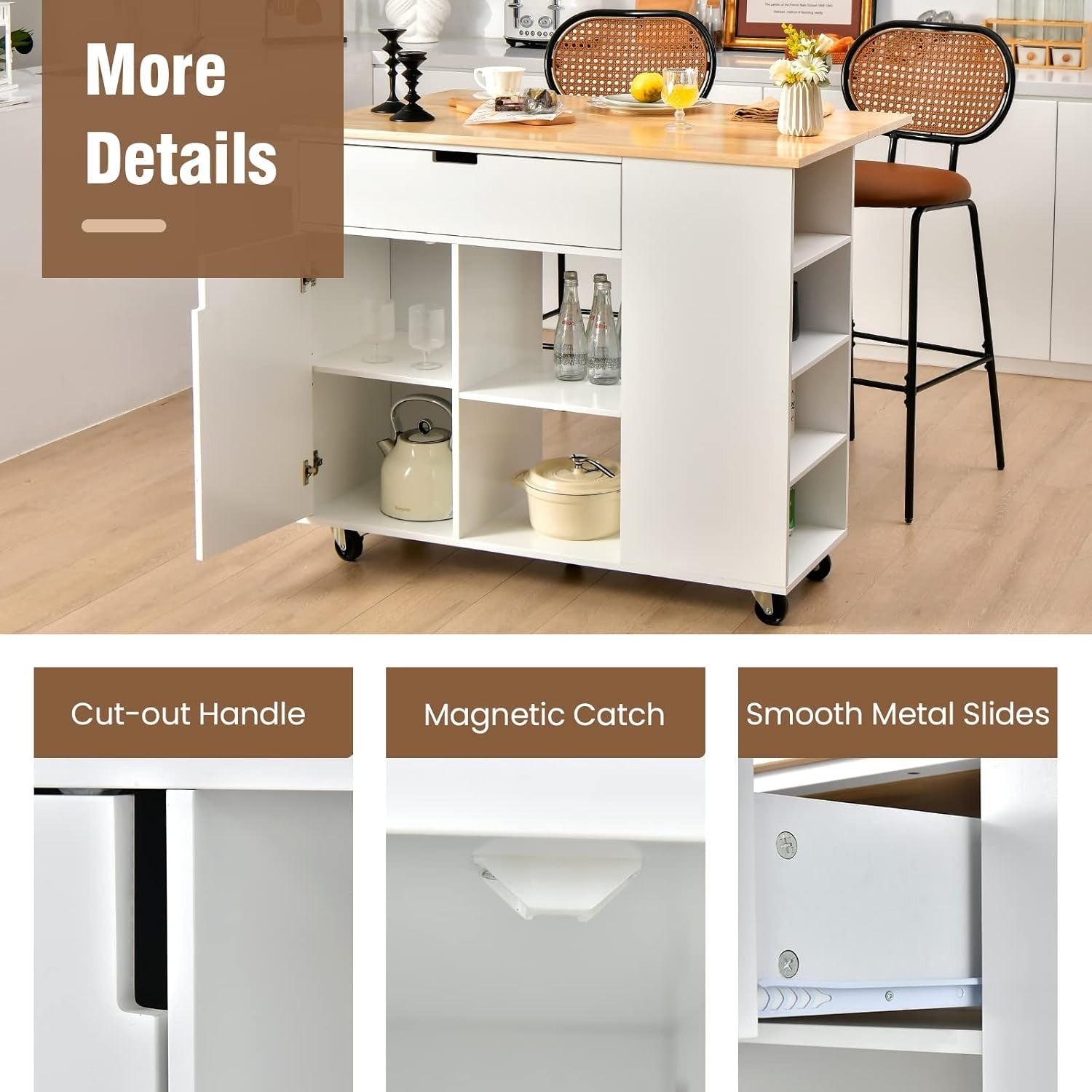 Large Kitchen Island Cart on Wheels with Extendable Wood Top Storage