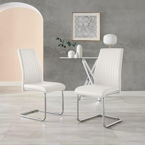 Modern White Faux Leather Dining Chairs Set of 2 with Chrome Legs