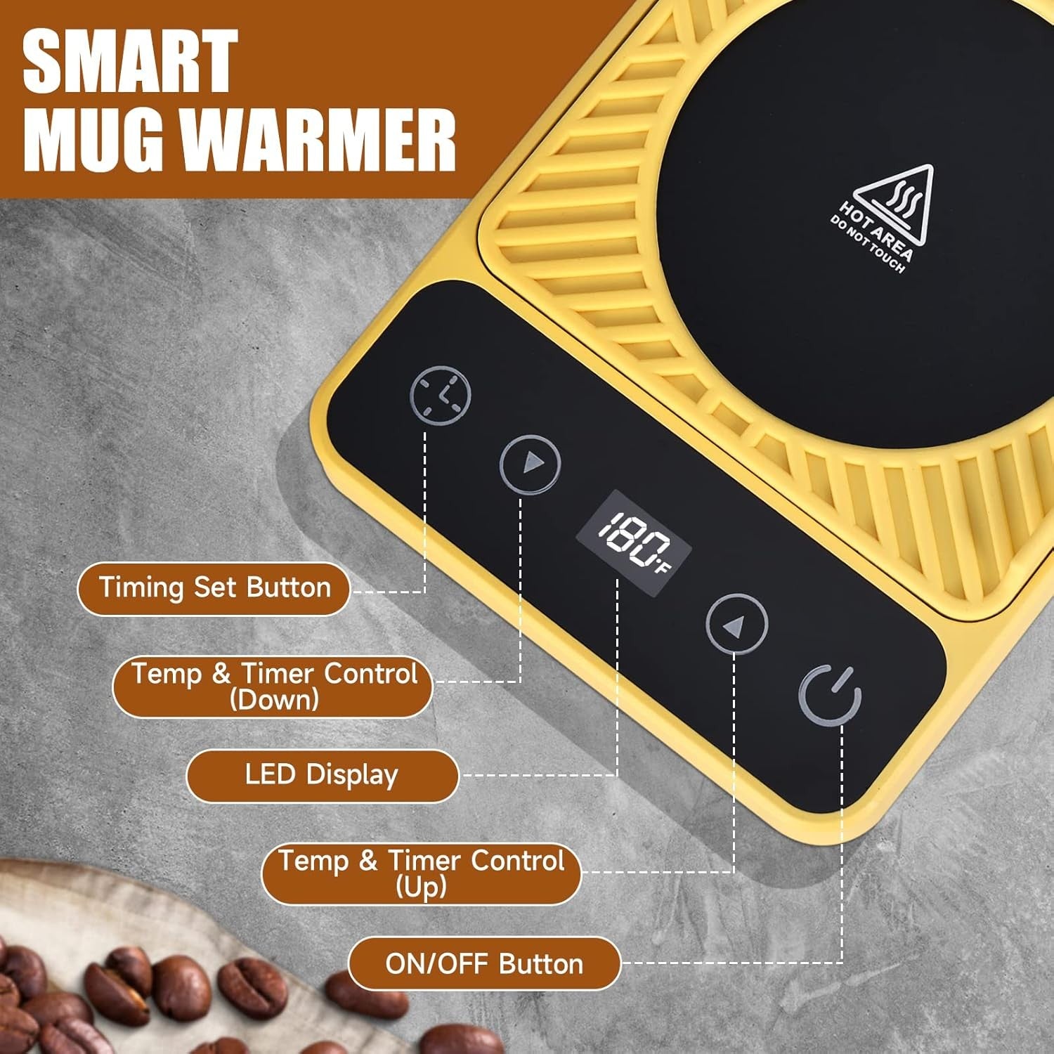 Yellow Electric Coffee Mug Warmer 6 Temp Timer Auto Off