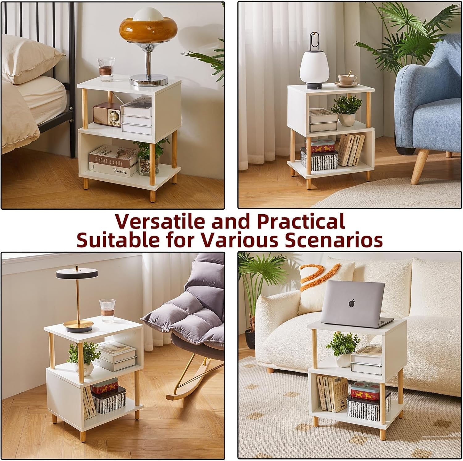 Modern White Side Table with Storage Shelves – Small Bedside/End Table for Bedro