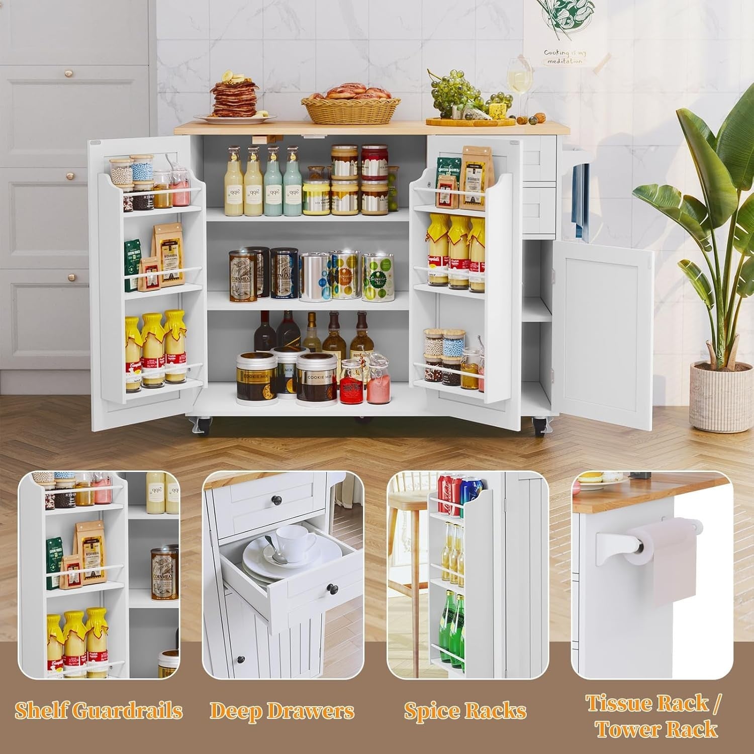 White Kitchen Island on Wheels with Extendable Rubberwood Top & Storage