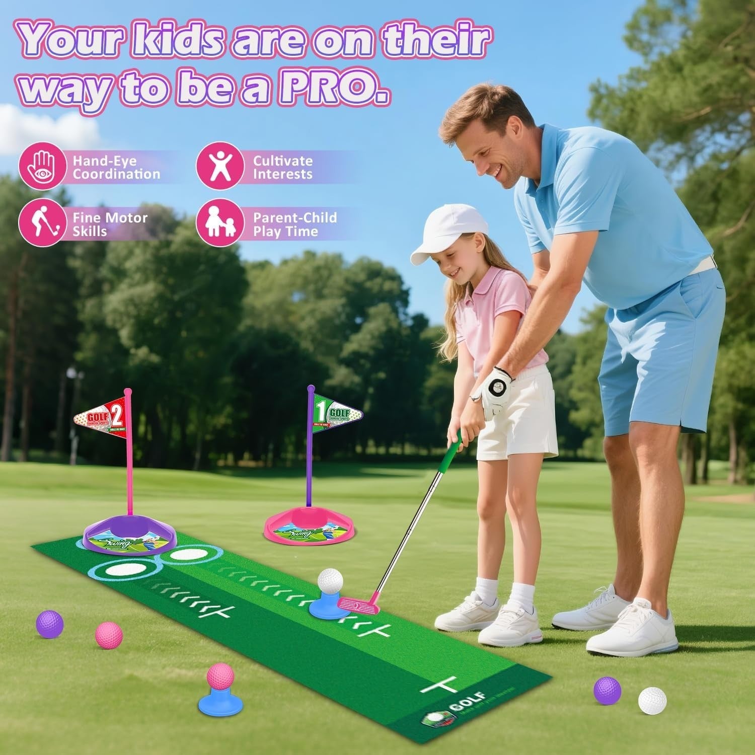 Kids Golf Set Dinosaur Auto Ball Return LED Balls Putting Mat Pink 26”