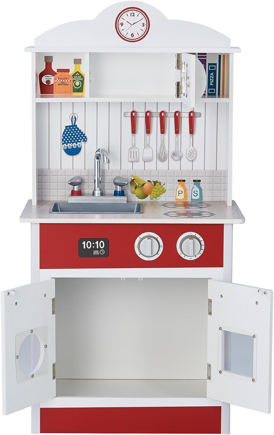Compact Wooden Kids Play Kitchen Sink Oven Microwave White Red