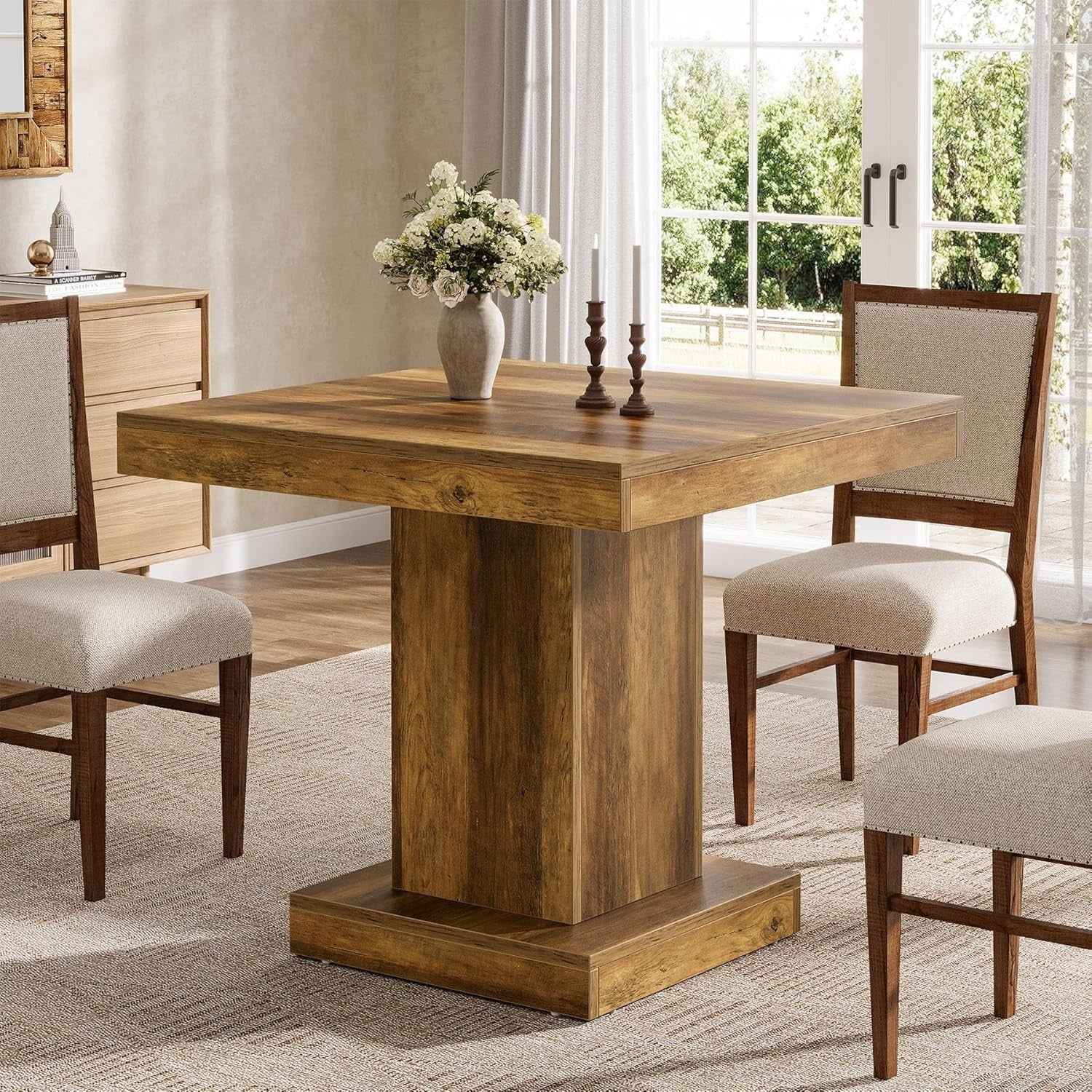 Rustic Square Dining Table 4 Seater Pedestal Base Small Space Home