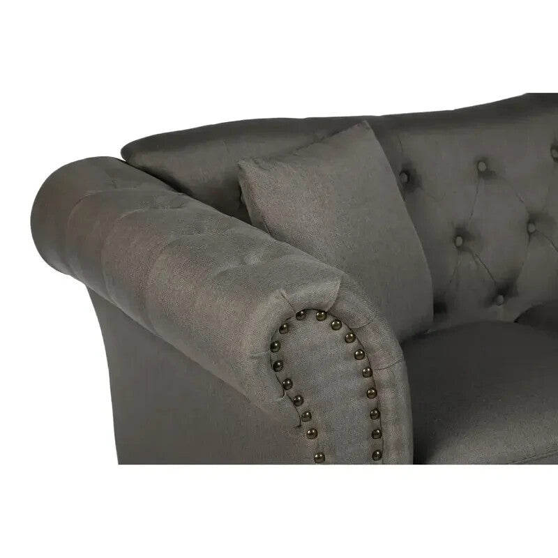 2 Seater Grey Chesterfield Sofa | Button Tufted Fabric Couch with Scroll Arms