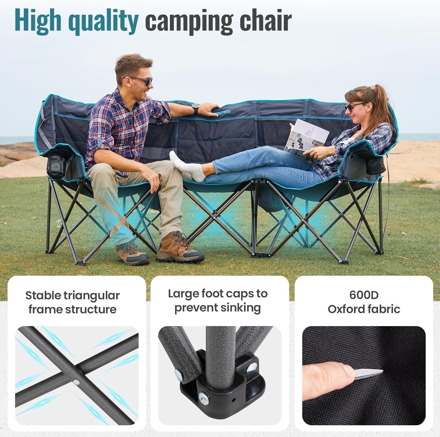Triple Camping Chair 3-Seater Folding Sofa with Cooler Bag Padded Seat
