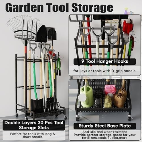 3-Tier Rolling Garden Tool Tower 30 Slots 9 Hooks Heavy Duty Storage Rack