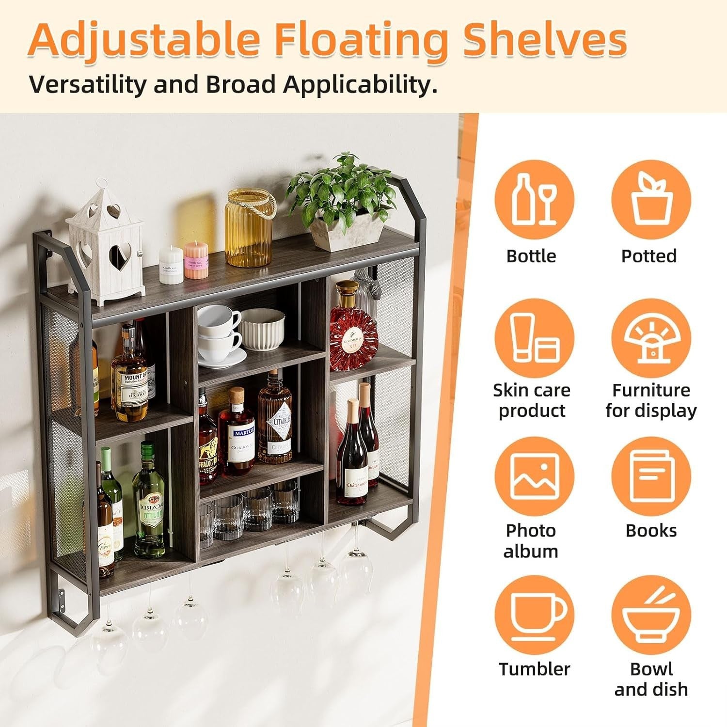 Wall Mounted LED Wine Rack Bar Shelf with Glass Holder Modern Metal Display