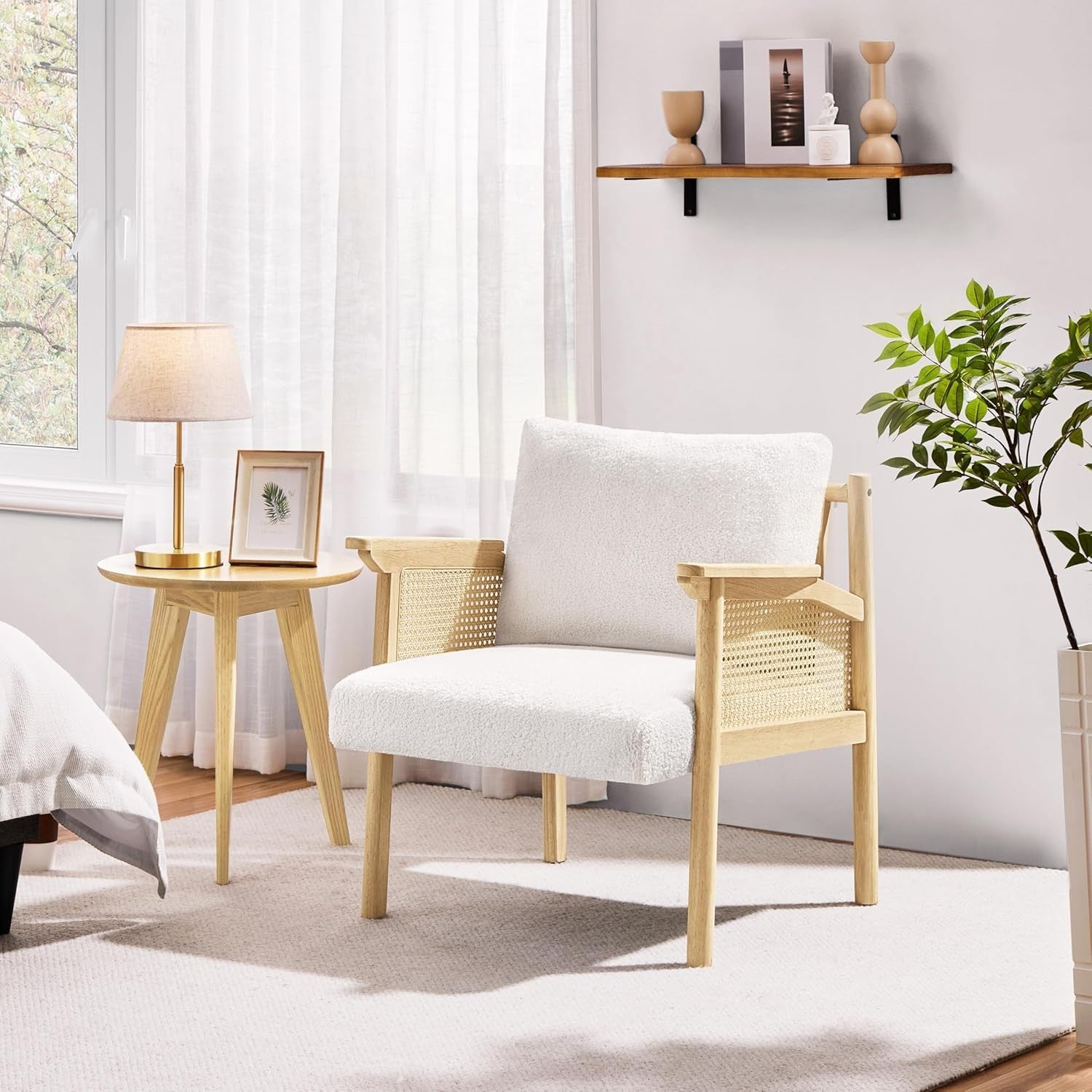 Boucle Accent Chair Rattan Armchair Wooden Frame Lounge Bedroom Seating