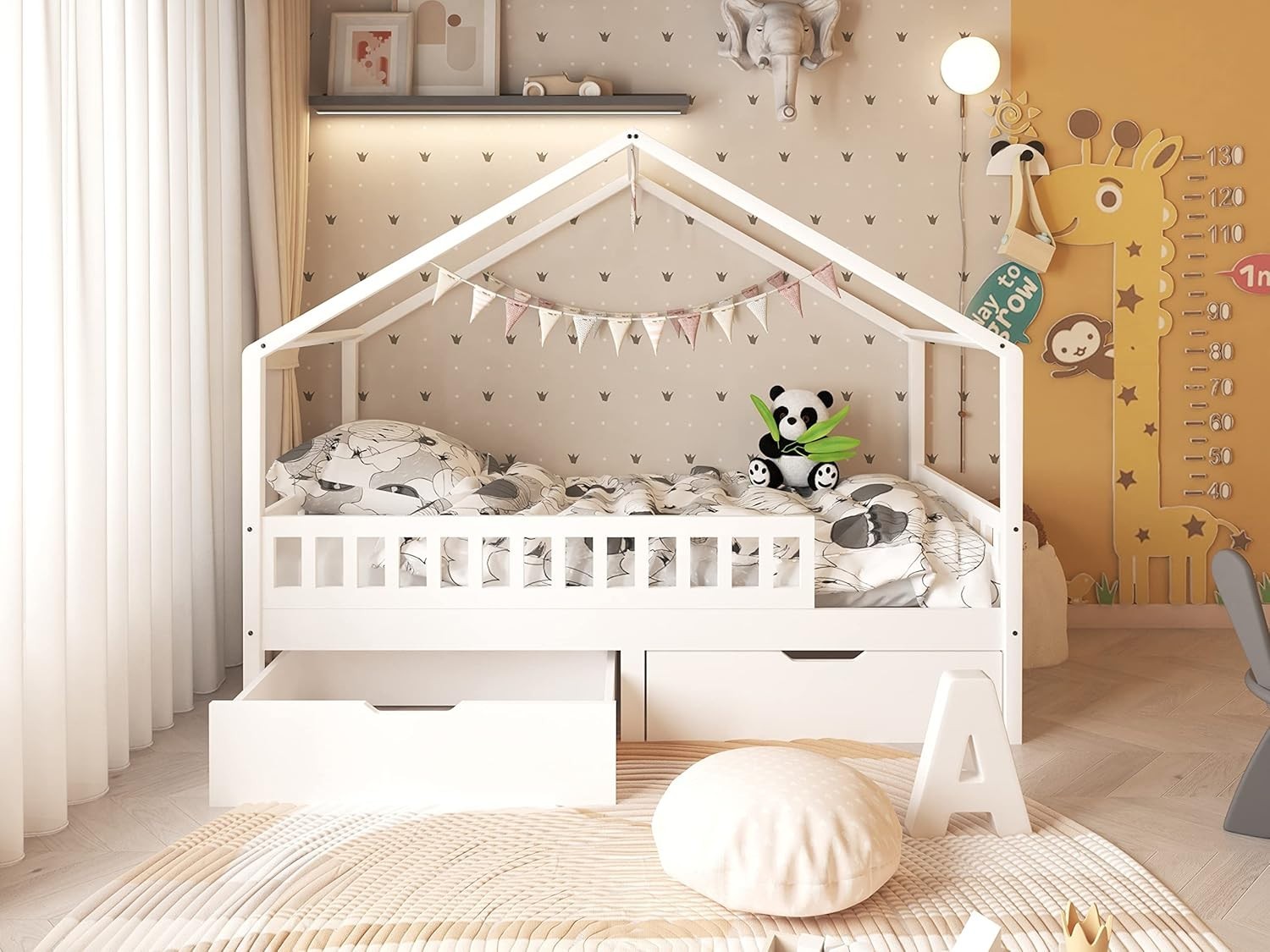 Solid Pine Kids House Bed with Guardrail & Storage Drawers, White, Single