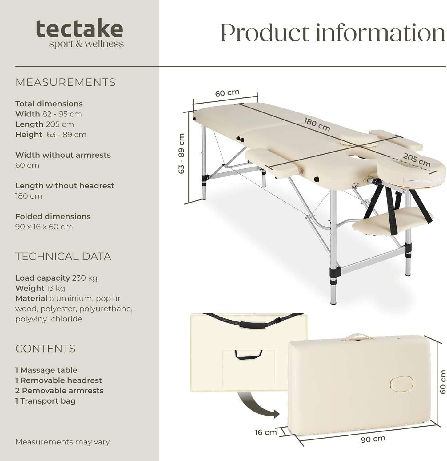 Portable 2 Section Massage Table Foldable Spa Beauty Bed 60cm Adjustable Beige