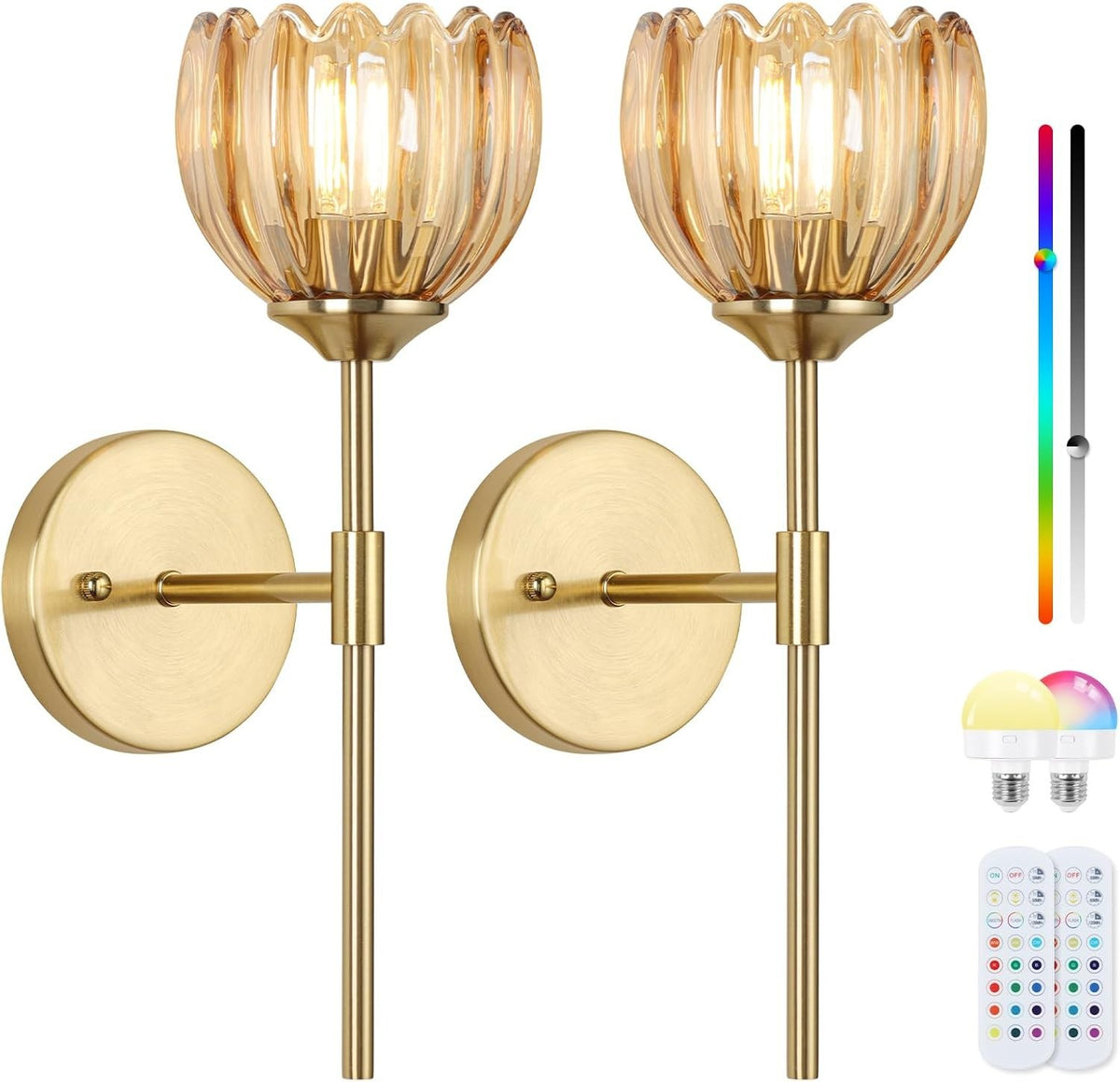 Rechargeable Wall Lights 12 Colors Remote Dimmable Amber Glass 2-Pack