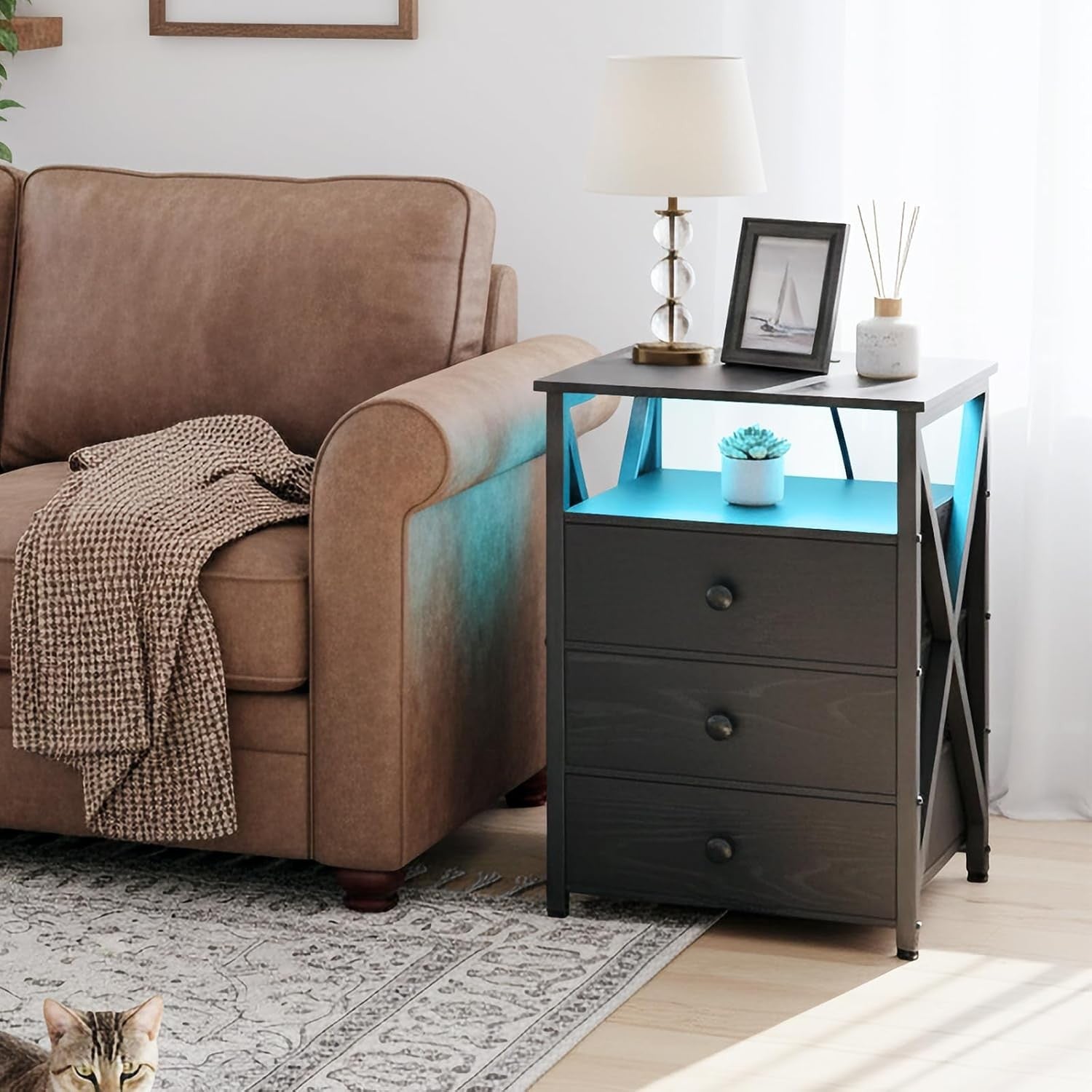 Set of 2 Black LED Bedside Tables with Charging Station & 3 Drawers Modern