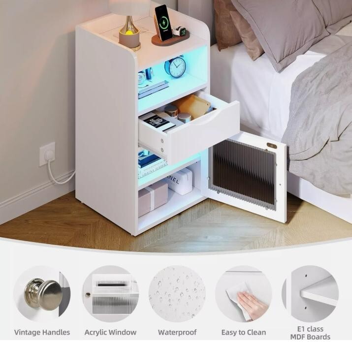 White Bedside Table with LED Light, USB Charging Station & Drawer Storage