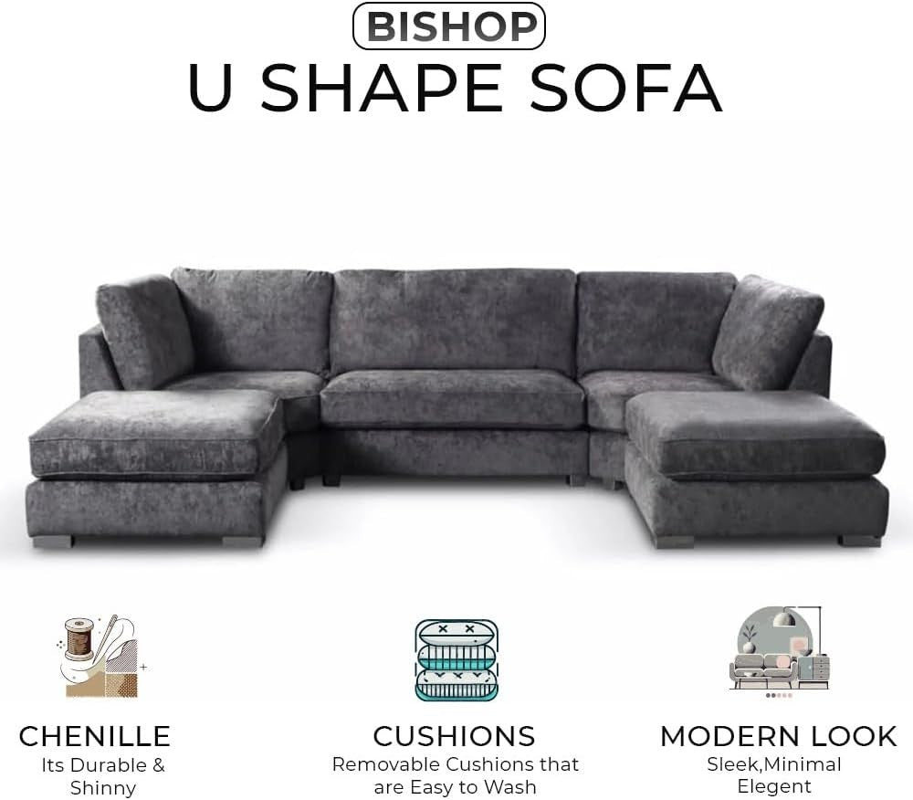 Grey U Shape Sectional Sofa 5 Seater with 2 Footstools – High Back Comfy Couch