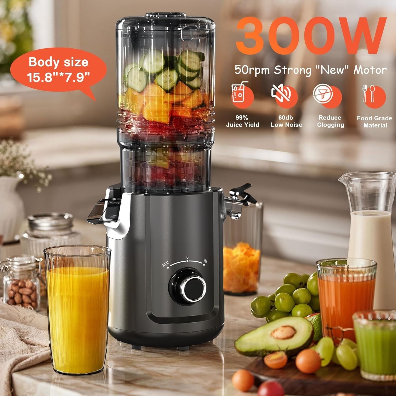 Cold Press Juicer 135mm Wide Chute Whole Fruit Slow Juicer 300W High Yield