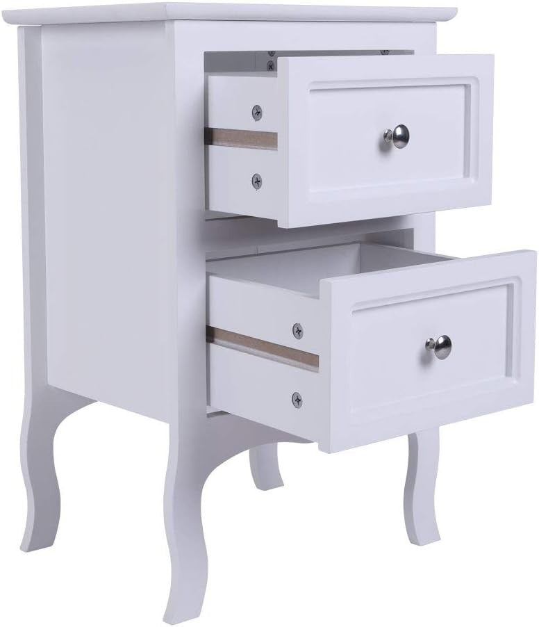 Set of 2 White Wooden Bedside Tables with 2 Drawers Bedroom Storage Units