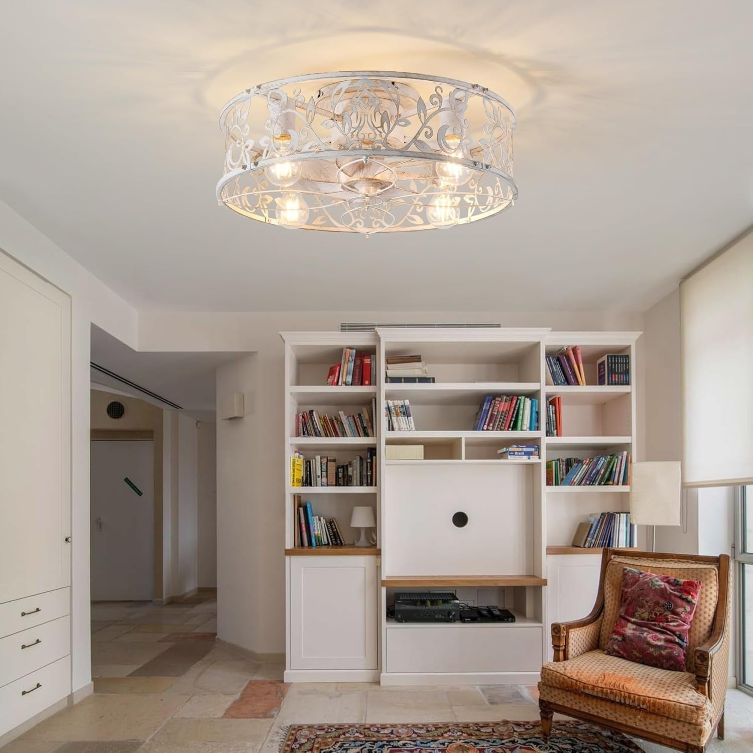 Caged Ceiling Fan with Light 51CM, 6-Speed, E27, APP, Remote, WhiteGaneed