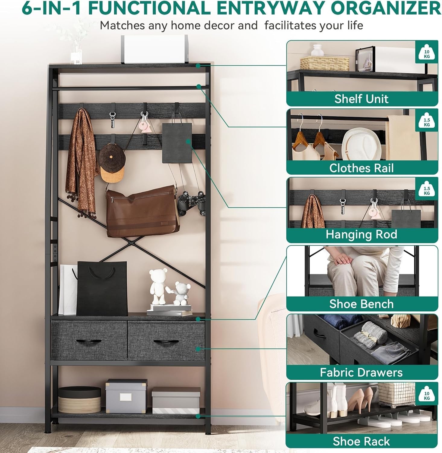 Black Metal Hall Tree Coat Rack | Bench with Shoe Storage & 2 Drawers Organizer