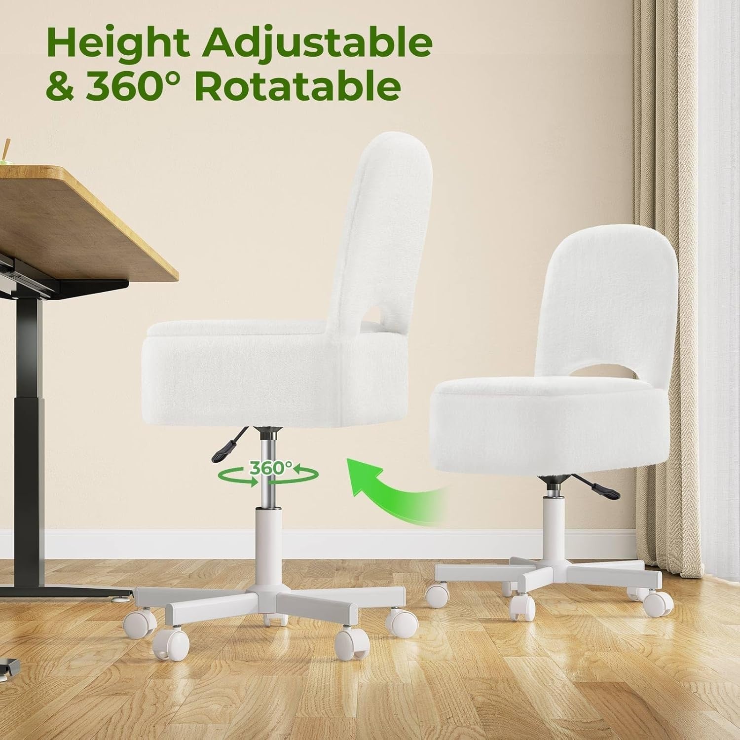 White Furry Vanity Chair Large with 13.5L Storage Swivel Adjustable Height