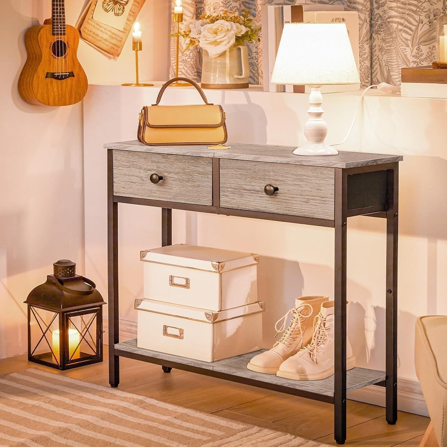 Slim Narrow Console Table with 2 Drawers & Lower Shelf for Small Spaces