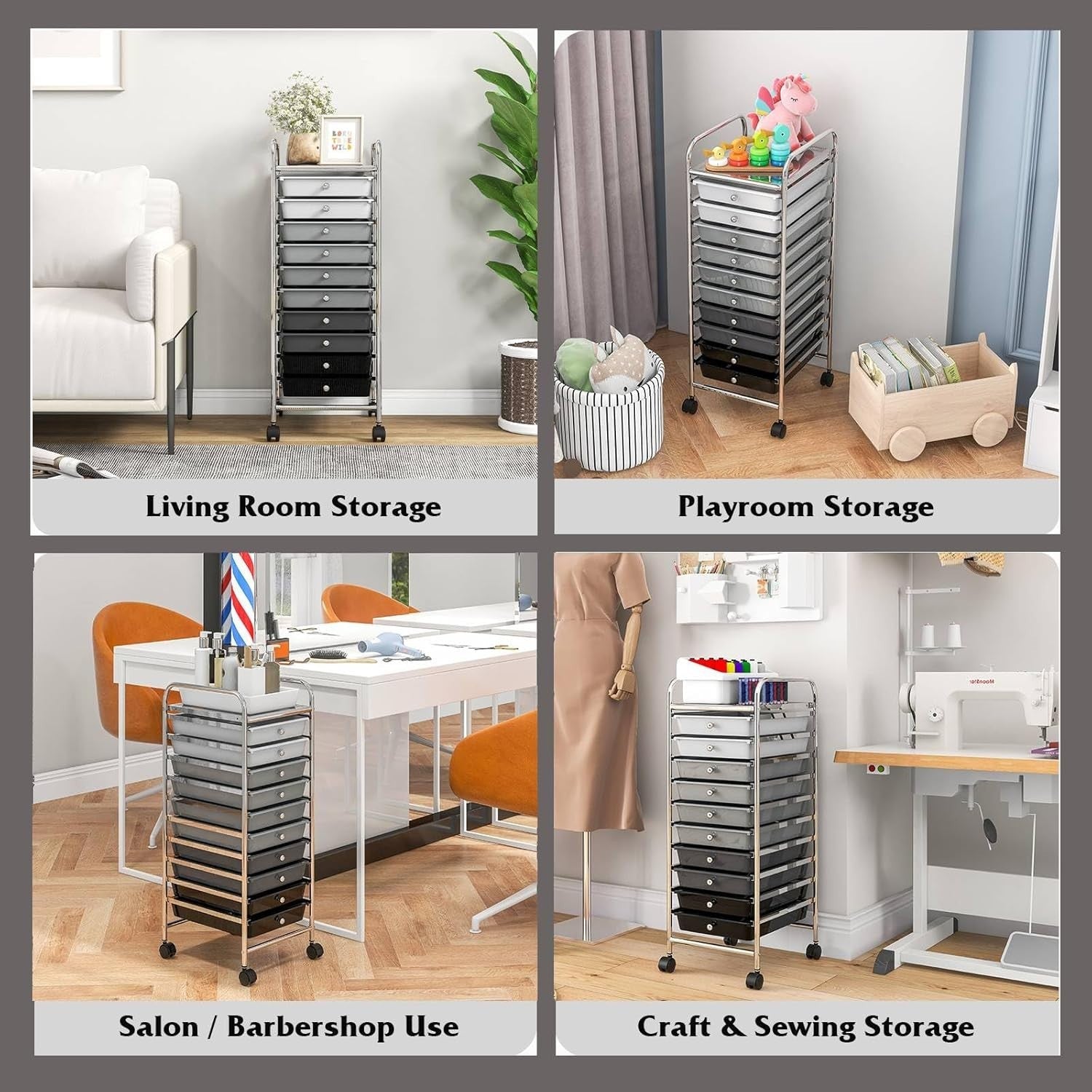 Gradient Black 10 Drawer Rolling Storage Trolley Salon Organizer Cart